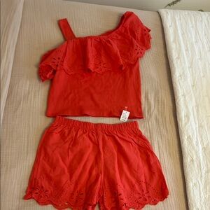 Red Eyelet Off-Shoulder Top and Shorts Set